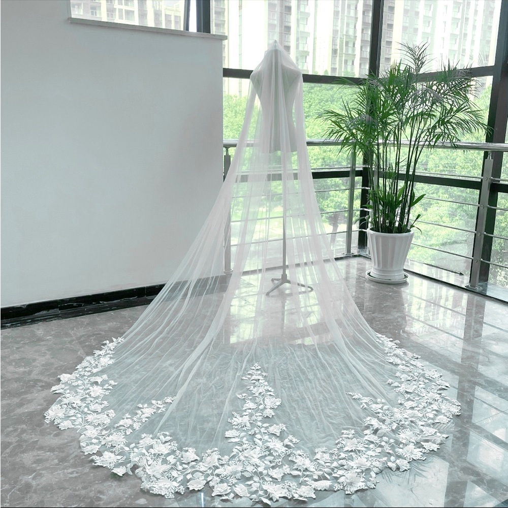 Handmade cathedral length flower, Ivory lace, tulle, pearls &sequin wedding veil